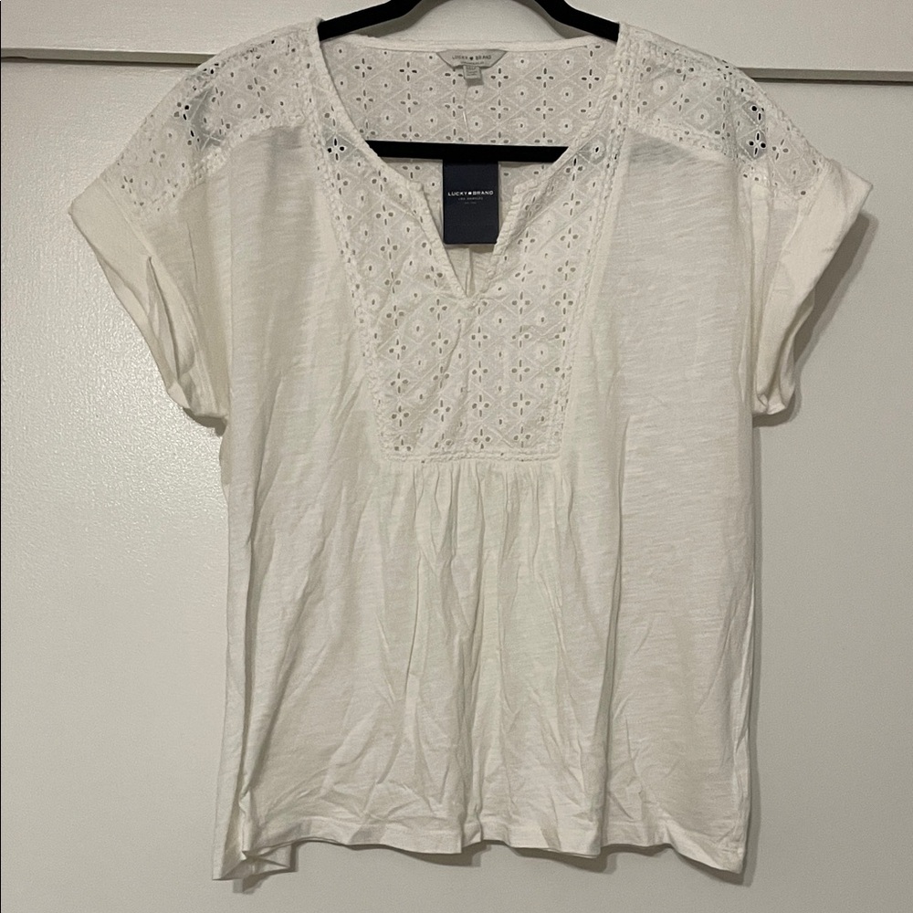 Lucky Brand White Eyelet V-Neck Short Sleeve Blouse